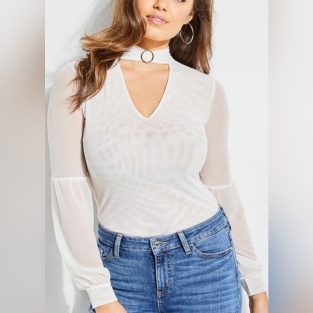 Guess Niki Cream Long Sleeve Blouse with Choker Collar